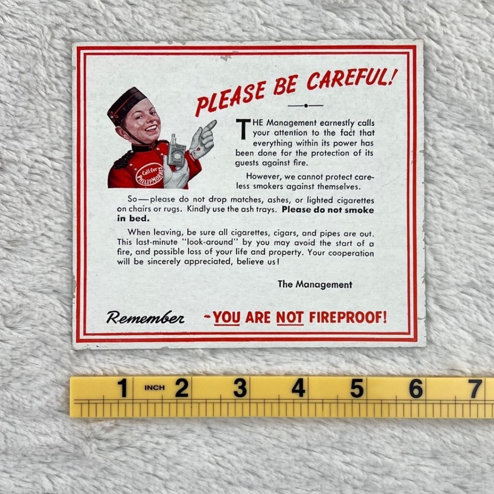 1940s Philip Morris Vintage Advertising 6" Card Hotel Fire Safety Cigarette - Picture 4 of 11